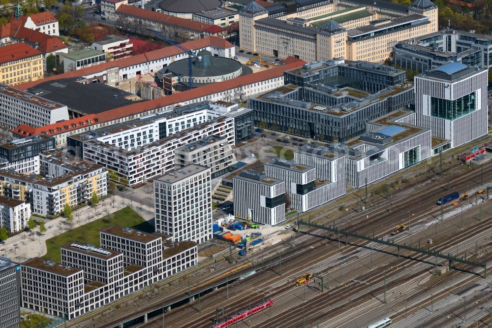 München from above - Office building of the administrative and commercial building Skygarden on Bernhard-Wicki-Strasse in the district Maxvorstadt in Munich in the state Bavaria, Germany