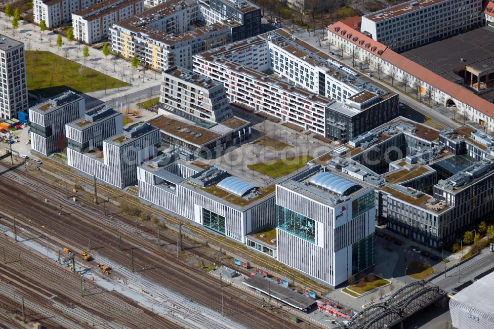 München from the bird's eye view: Office building of the administrative and commercial building Skygarden on Bernhard-Wicki-Strasse in the district Maxvorstadt in Munich in the state Bavaria, Germany