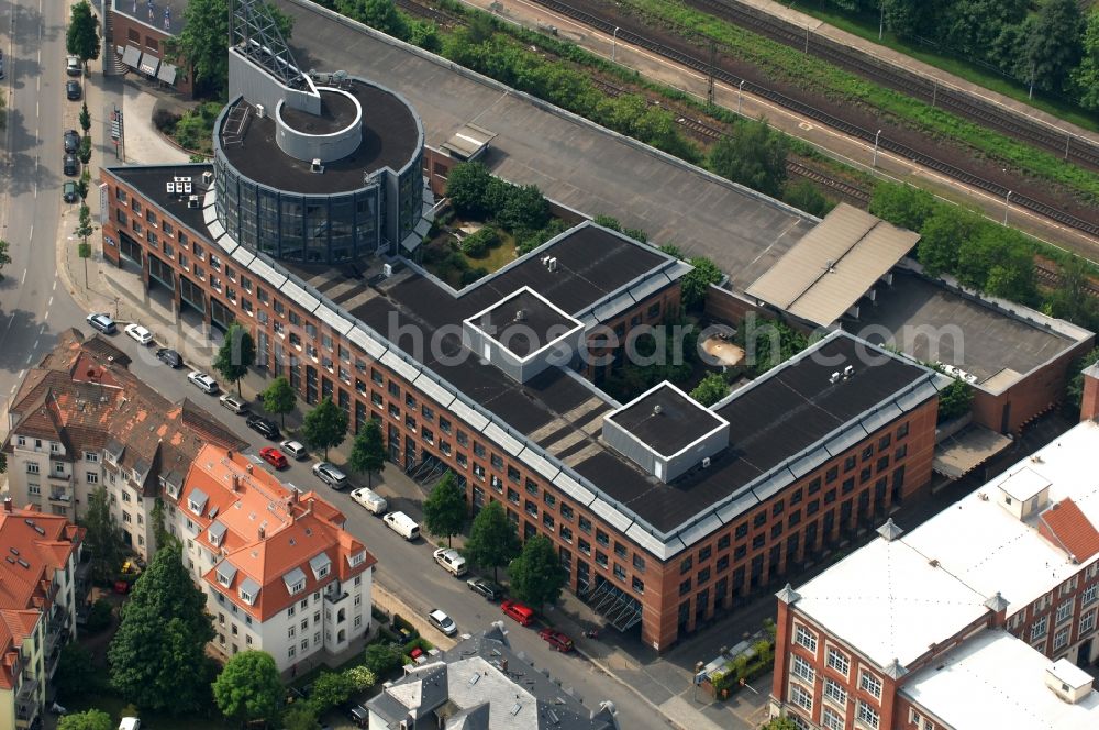 Dresden from above - Headquarters office building of the T-System Multimedia Solutions company in the district Pieschen of Dresden in Saxony