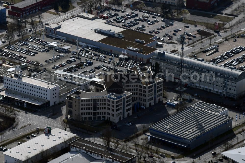 Teltow from above - Office building Teltower Haus in the commercial area of Techno Terrain Teltow on Rheinstrasse in Teltow in the state of Brandenburg