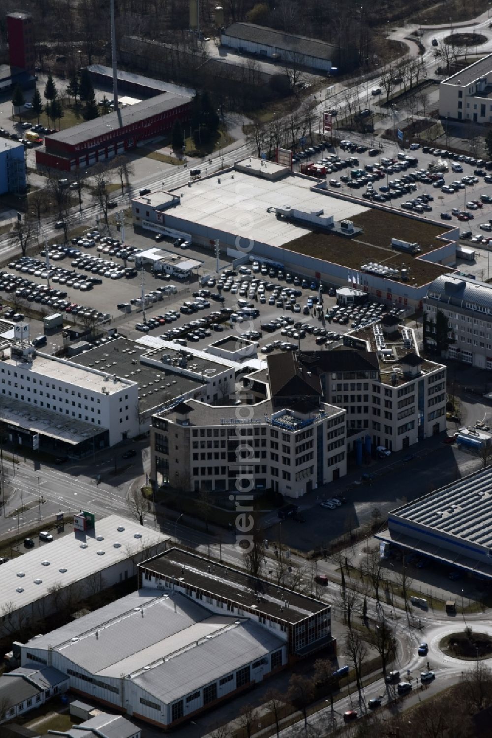 Aerial image Teltow - Office building Teltower Haus in the commercial area of Techno Terrain Teltow on Rheinstrasse in Teltow in the state of Brandenburg