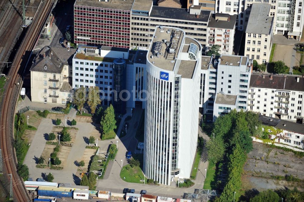 Frankfurt am Main from above - Company domicile of the publishing group dfv st the street Mainzer Strasse in the district Gallus in Frankfurt at the Main in Hesse