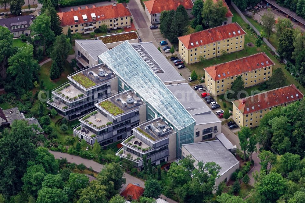 Pullach im Isartal from above - Administration building of the company LHI in Pullach im Isartal in the state Bavaria, Germany