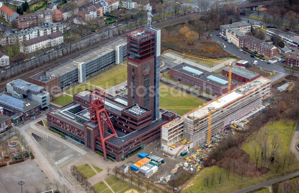 Gelsenkirchen from above - Office building of the administrative and business center of Vivawest Wohnen GmbH, headquartered in Nordsternpark on the former Nordstern colliery in Gelsenkirchen in North Rhine-Westphalia