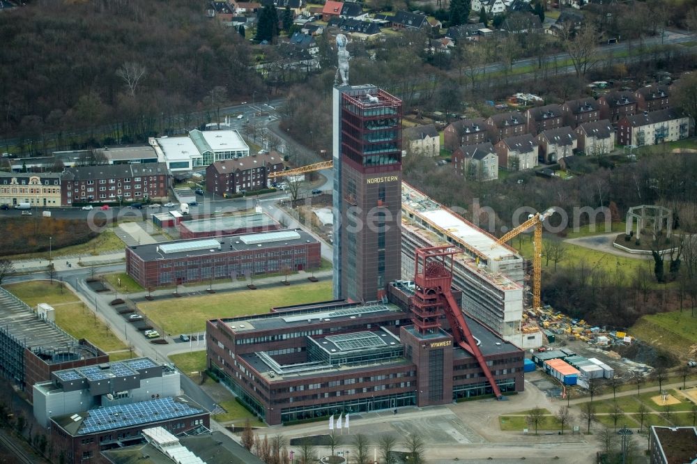 Gelsenkirchen from the bird's eye view: Office building of the administrative and business center of Vivawest Wohnen GmbH, headquartered in Nordsternpark on the former Nordstern colliery in Gelsenkirchen in North Rhine-Westphalia