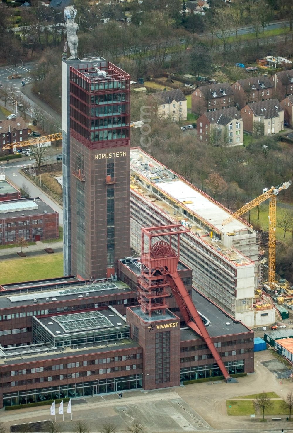 Aerial image Gelsenkirchen - Office building of the administrative and business center of Vivawest Wohnen GmbH, headquartered in Nordsternpark on the former Nordstern colliery in Gelsenkirchen in North Rhine-Westphalia