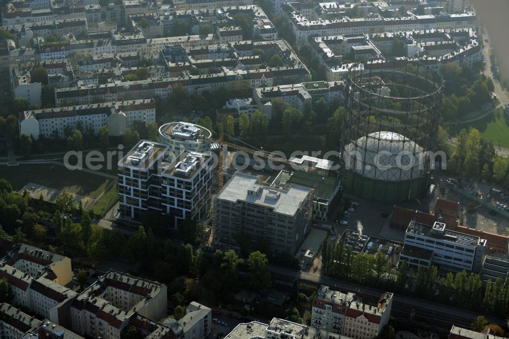 Berlin from above - Office and research buildings on EUREF-Campus in the Schoeneberg part of Berlin in Germany. The architectural distinct buildings on the traditional and historic industrial site at the Gasometer of Berlin are used as event locations, offices and residential buildings