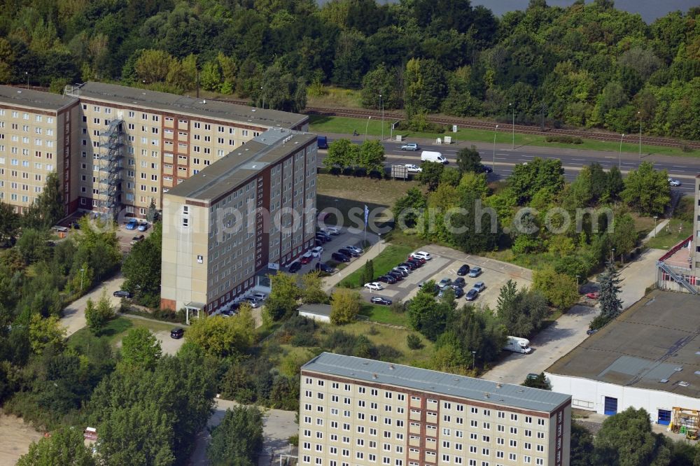 Berlin from above - Office building complex at the corner of the Landsberger Allee and Frank Zappa Street in Berlin Marzahn. The building is among others the headquarter of the company Eurovia GmbH