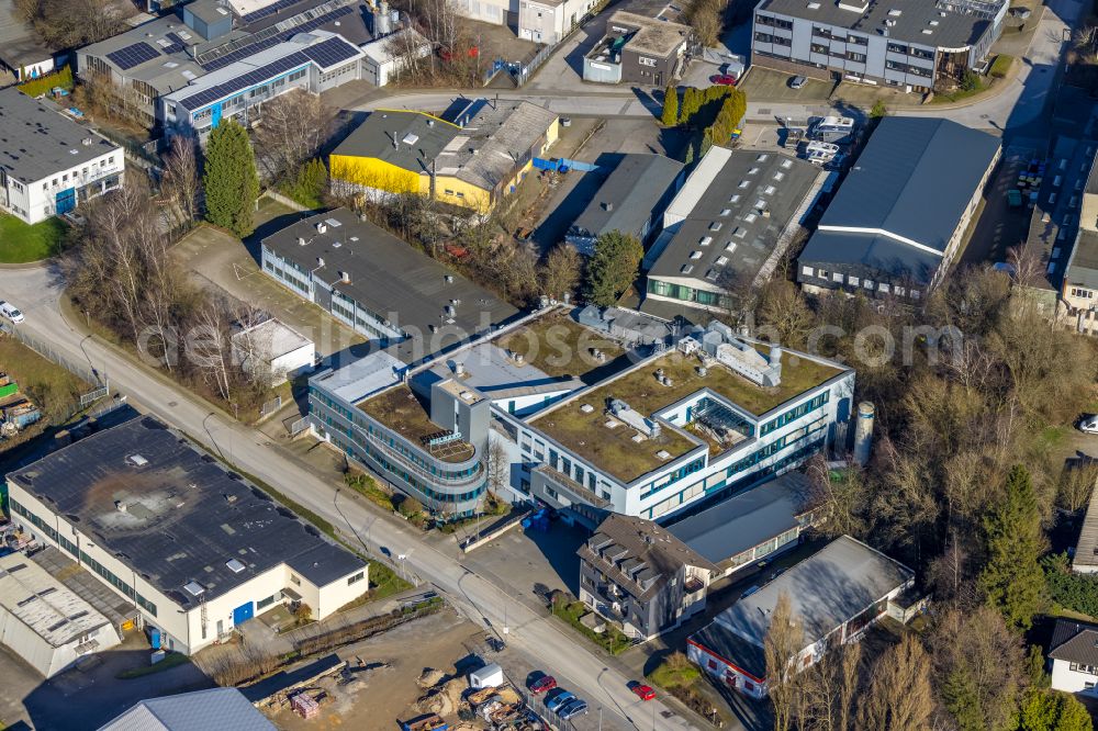 Heiligenhaus from the bird's eye view: Office building and production building of the company HELBAKO GmbH in Heiligenhaus im Ruhrgebiet in the state North Rhine-Westphalia, Germany