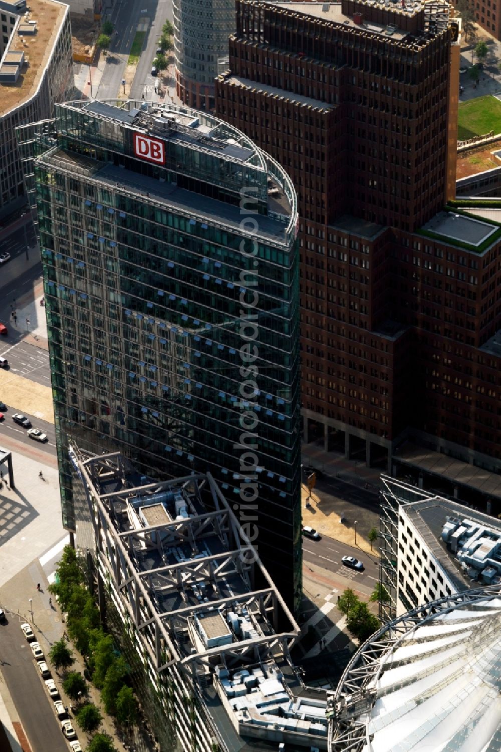 Aerial photograph Berlin - Office tower Bahn Tower at Sony Center on Potsdamer Platz in the Tiergarten part of Berlin in Germany