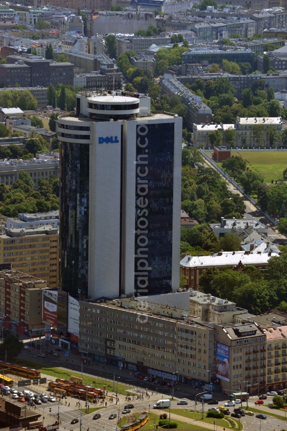 Warschau from above - Office tower Millennium Plaza in downtown Warsaw in Poland. In its lower floors there is a shopping mall. The high rise building was completed in 1999 and is located in the city center. It is located a little further away from the other downtown office towers and towers above the surrounding post-war buildings. Main tenant and name giving company was the Millenium bank. One of its main tenants today is the IT company Dell, whose logo is on its upper floors, very well visible from afar. It is 112m high, including antenna it stands at 124m