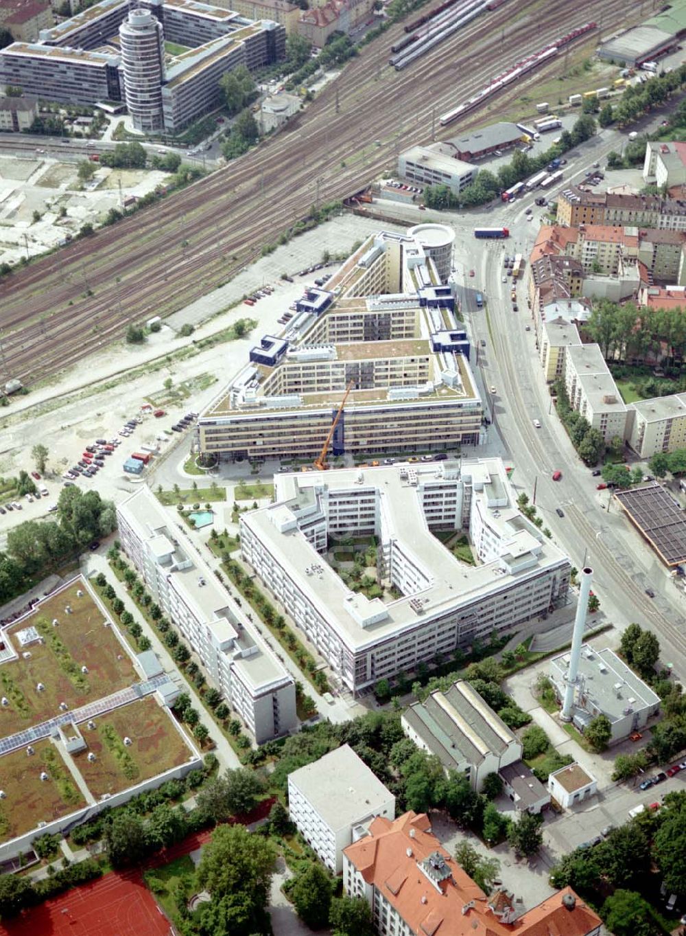 Aerial photograph München - Bürokomplex Einstein 1 und 2 der HVB - Projekt GmbH an der Grillparzer Straße in München - Haidhausen.