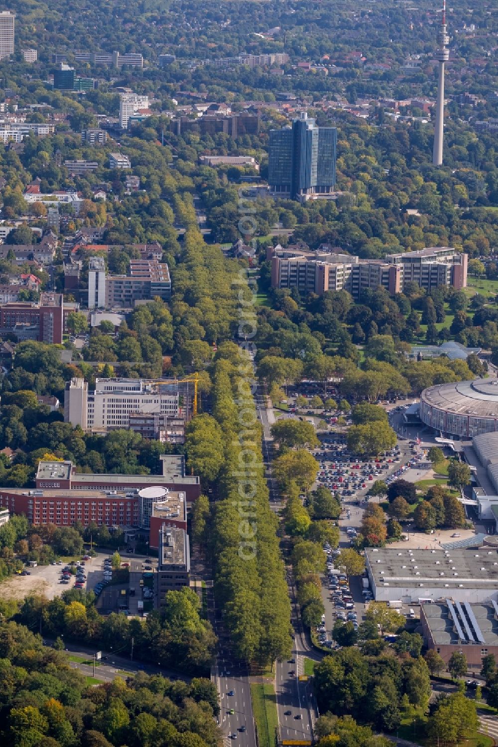 Dortmund from the bird's eye view: View of the office road at the Rheinlanddamm in Dortmund in the state of North Rhine-Westphalia