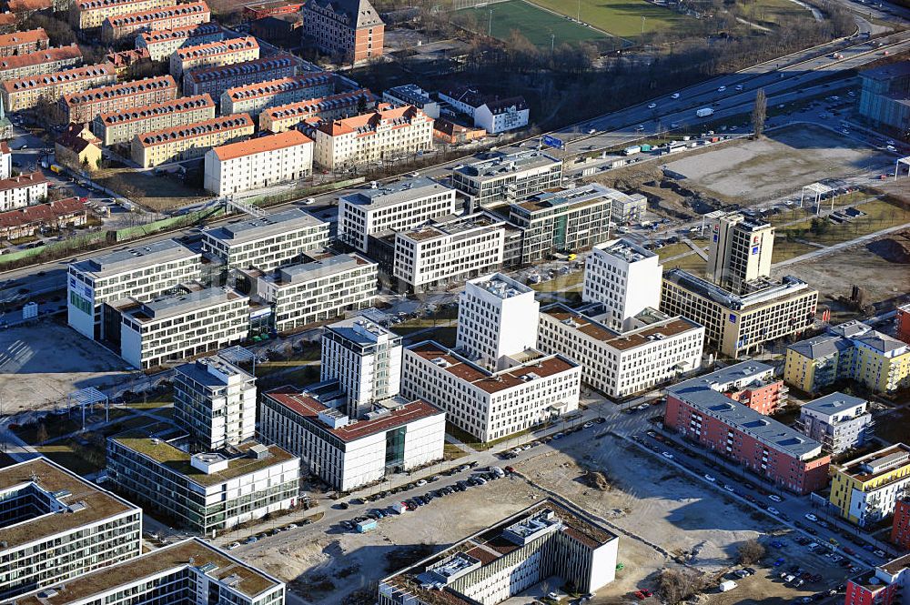 München Schwabing from above - View of new office buildings in Parkstadt Schwabing in Munich between Walter - Gropius - Str. / Oskar - Schlemmer - Straße