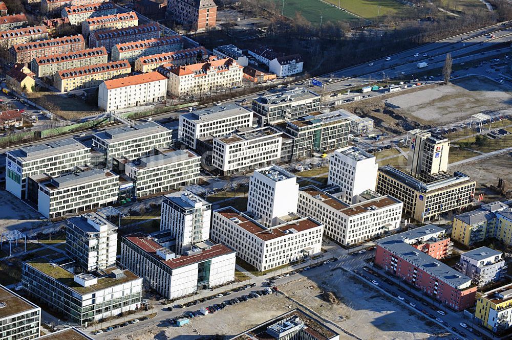 München Schwabing from the bird's eye view: View of new office buildings in Parkstadt Schwabing in Munich between Walter - Gropius - Str. / Oskar - Schlemmer - Straße