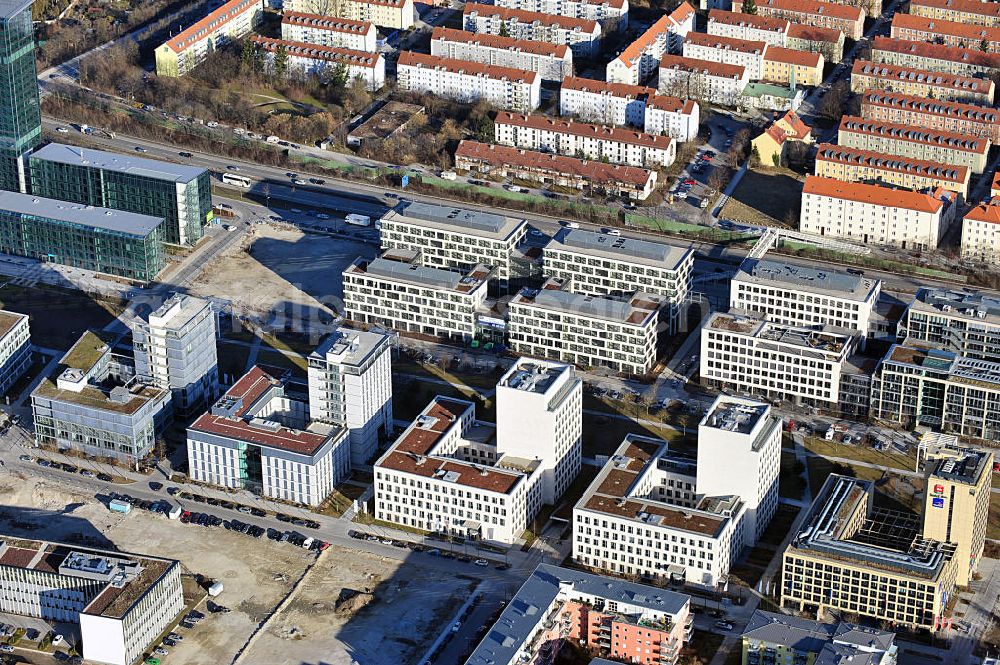 Aerial image München Schwabing - View of new office buildings in Parkstadt Schwabing in Munich between Walter - Gropius - Str. / Oskar - Schlemmer - Straße