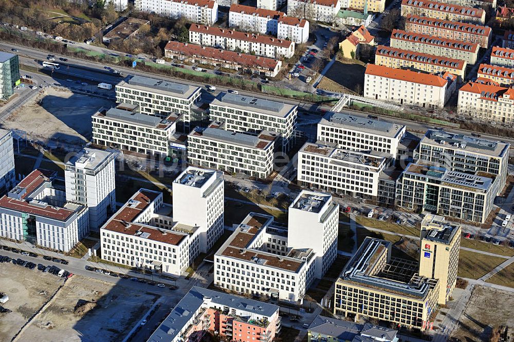 Aerial photograph München Schwabing - View of new office buildings in Parkstadt Schwabing in Munich between Walter - Gropius - Str. / Oskar - Schlemmer - Straße