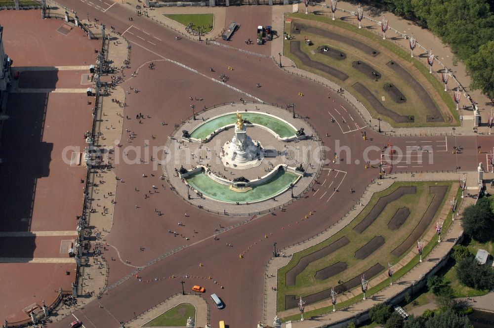 London from above - Victoria Fountain at Buckingham Palace in the city borough of City of Westminster in London