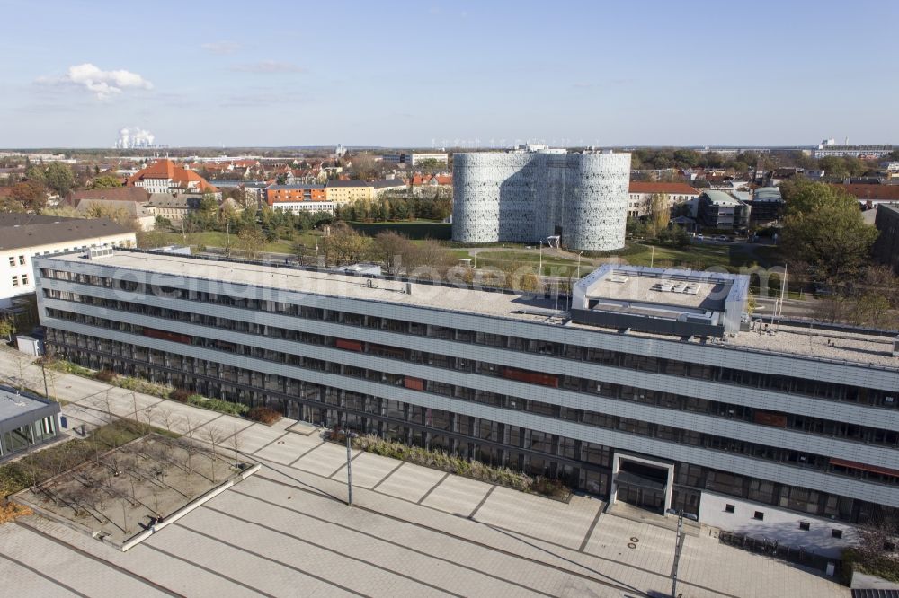 Cottbus from above - View of the BTU ( Brandenburg University of Technology ) Cottbus - Senftenberg in the state of Brandenburg. In July 2013 the university was established through a merger of the BTU Cottbus and the Lausitz University. Also visible is the central university library in the IKMZ building, designed by architects Herzog & De Meuron