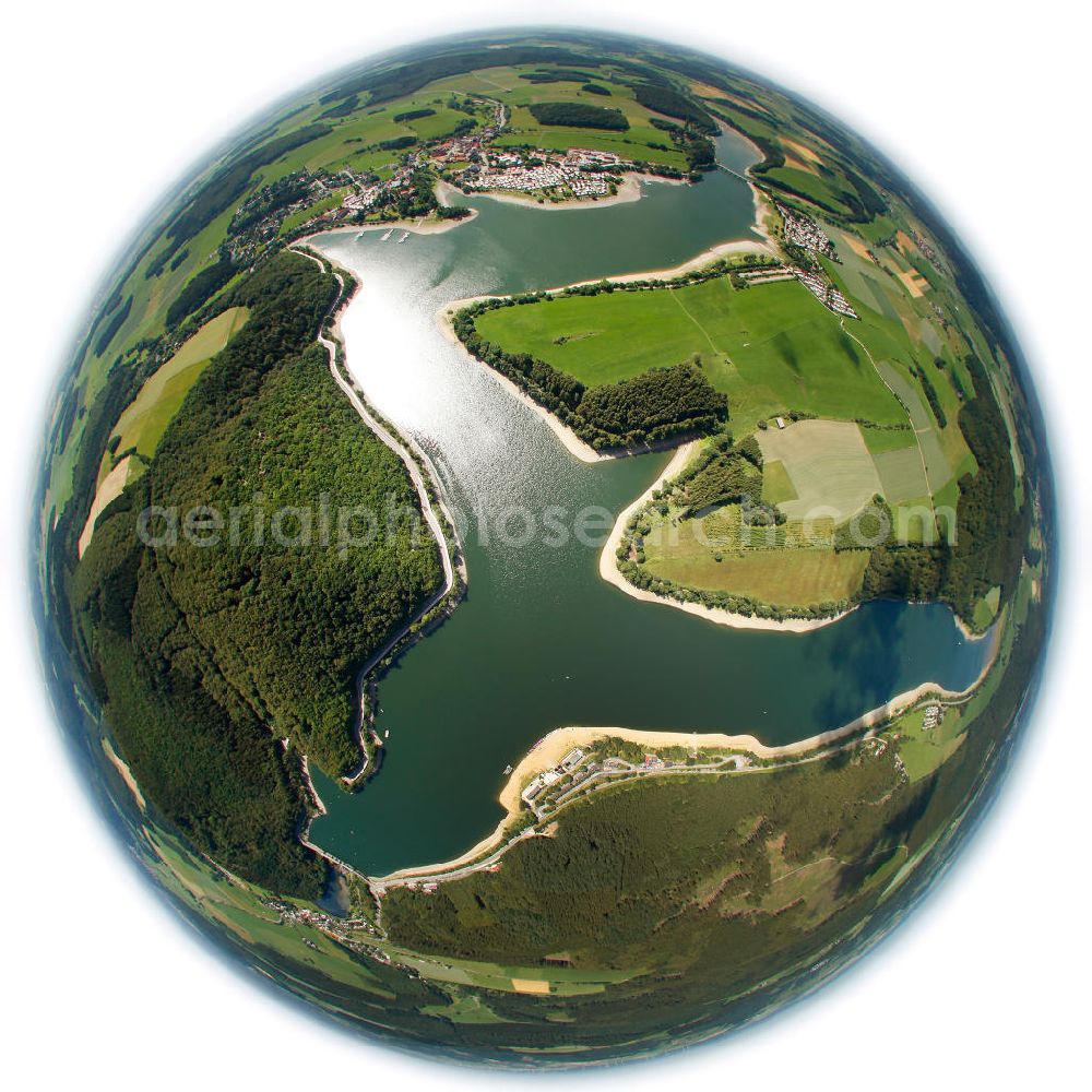 Diemelsee from the bird's eye view: Fish Eye- Blick auf Buchenwälder am Nationalpark Diemelsee, einem Weltnaturerbegebiet der UNESCO. Beech forests in the National Park Diemelsee, a World Natural Heritage Site by UNESCO.