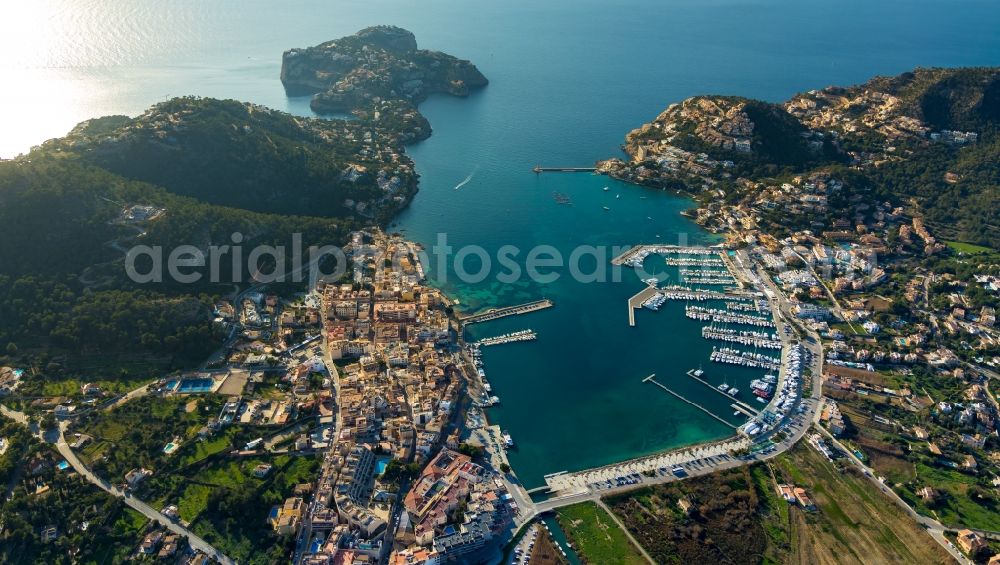 Andratx from above - Water surface at the bay along the sea coast of Balearic Sea in Andratx in Balearic Islands, Spain