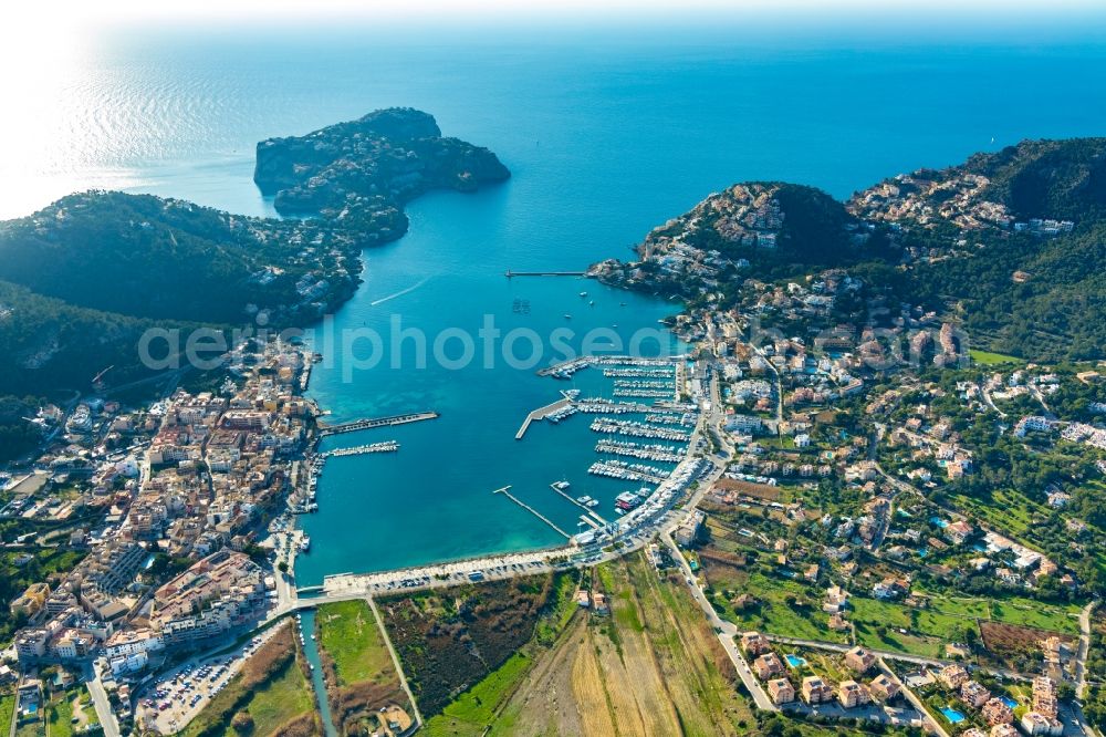 Andratx from the bird's eye view: Water surface at the bay along the sea coast of Balearic Sea in Andratx in Balearic Islands, Spain