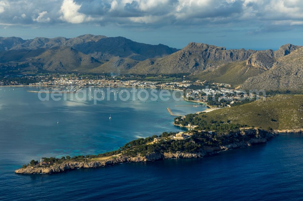 Aerial image Pollenca - Water surface at the bay along the sea coast of Balearic Sea in Pollenca in Balearische Insel Mallorca, Spain