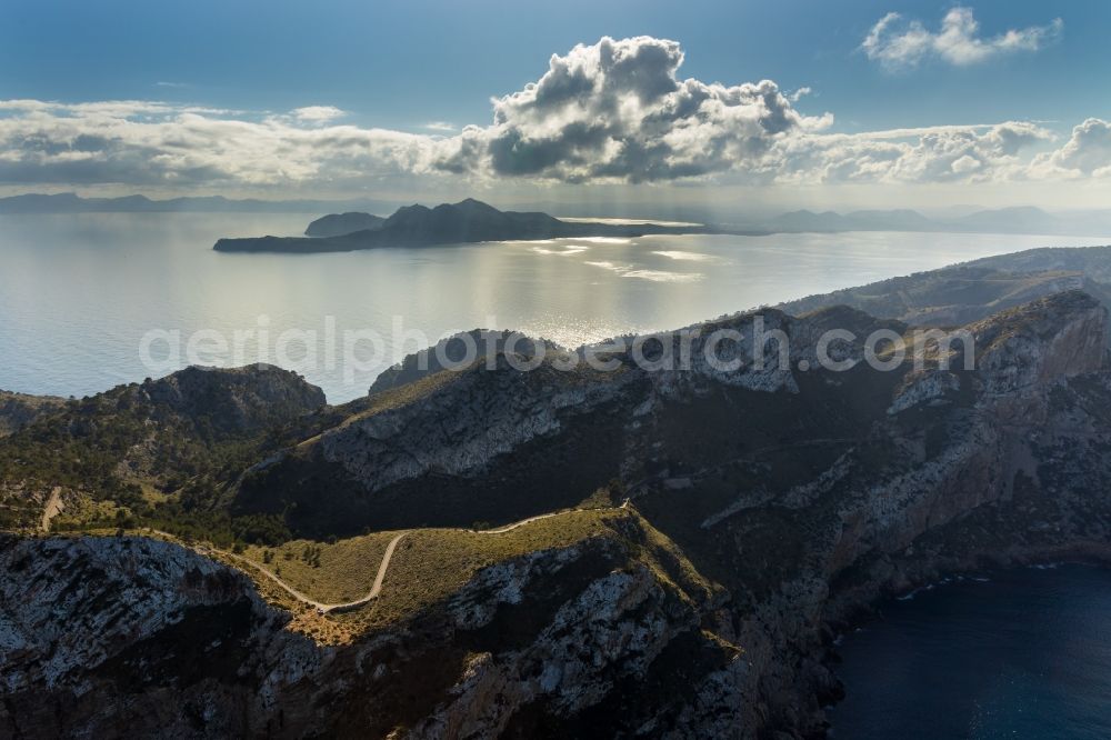 Aerial image Pollenca - Water surface at the bay along the sea coast of Balearic Sea in Pollenca in Balearische Insel Mallorca, Spain