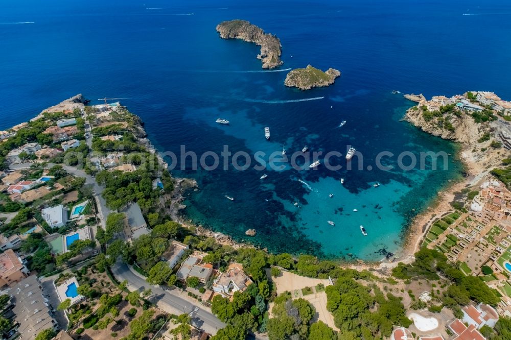 Calvia from above - Water surface at the bay along the sea coast overlooking the islands illes Malgrats in Calvia in Balearic island of Mallorca, Spain