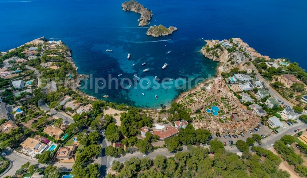 Calvia from the bird's eye view: Water surface at the bay along the sea coast overlooking the islands illes Malgrats in Calvia in Balearic island of Mallorca, Spain