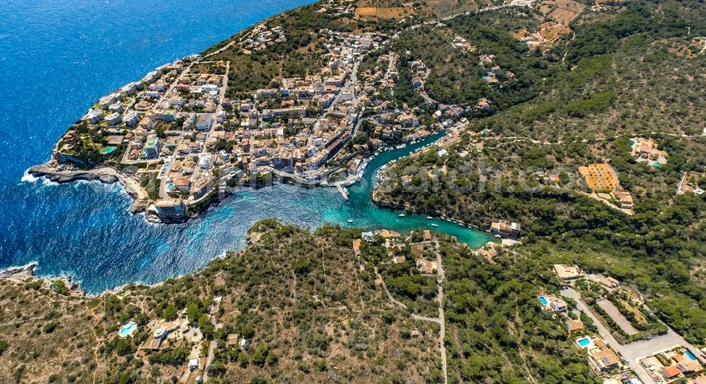 Cala Figuera from the bird's eye view: Water surface at the bay along the sea coast in Cala Figuera in Balearic island of Mallorca, Spain