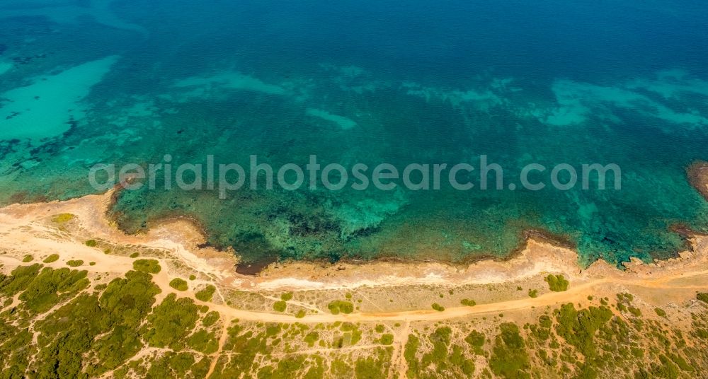 Aerial image Can Picafort - Water surface at the bay along the sea coast in Can Picafort in Balearic island of Mallorca, Spain