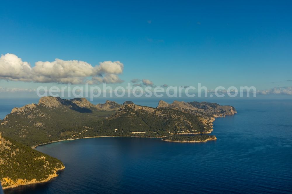 Aerial image Pollenca - Water surface at the bay along the sea coast of peninsula Formentor in Pollenca in Balearische Insel Mallorca, Spain