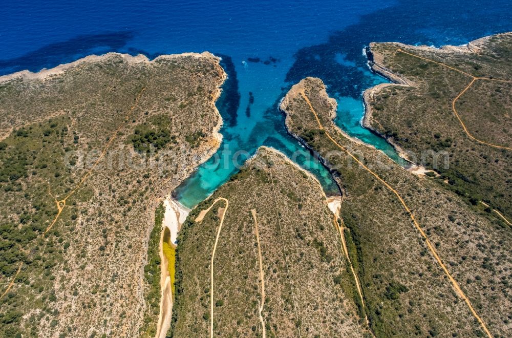 Manacor from the bird's eye view: Water surface at the bay along the sea coast Illes Balears in Manacor in Balearic island of Mallorca, Spain