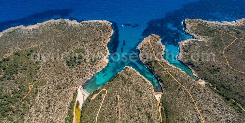 Aerial image Manacor - Water surface at the bay along the sea coast Illes Balears in Manacor in Balearic island of Mallorca, Spain