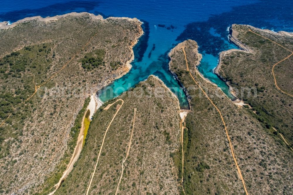 Aerial photograph Manacor - Water surface at the bay along the sea coast Illes Balears in Manacor in Balearic island of Mallorca, Spain