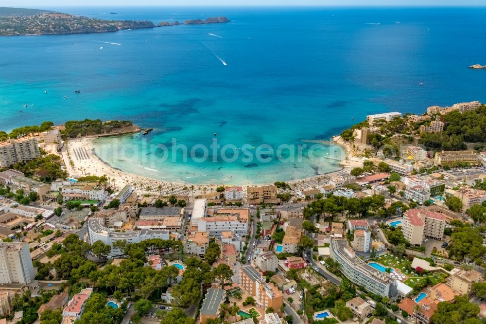 Peguera from above - Water surface at the bay along the sea coast on Platja Palmira in Peguera in Balearic island of Mallorca, Spain