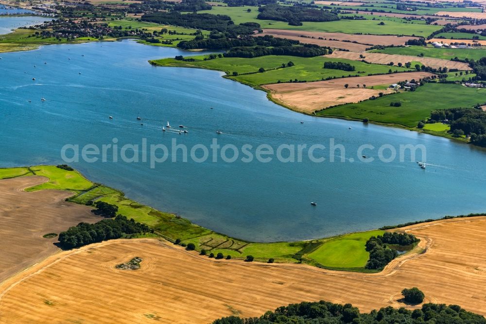 Maasholm from the bird's eye view: Water surface with sailing ships in motion at the Schlei bay along the sea coast of the baltic sea in Maasholm in the state Schleswig-Holstein, Germany