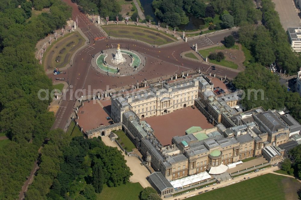 London from the bird's eye view: Buckingham Palace is the official residence of the British monarch in London. The palace in the city borough of City of Westminster is in addition to its function as a residence of Queen Elizabeth II and Prince Philip also official state occasions