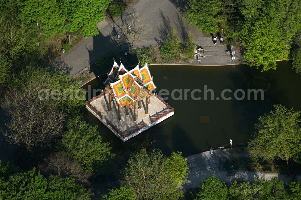 München from above - Buddhist temple Thai-Sala in the Westpark in the district Sendling-Westpark in Munich in the state Bavaria, Germany