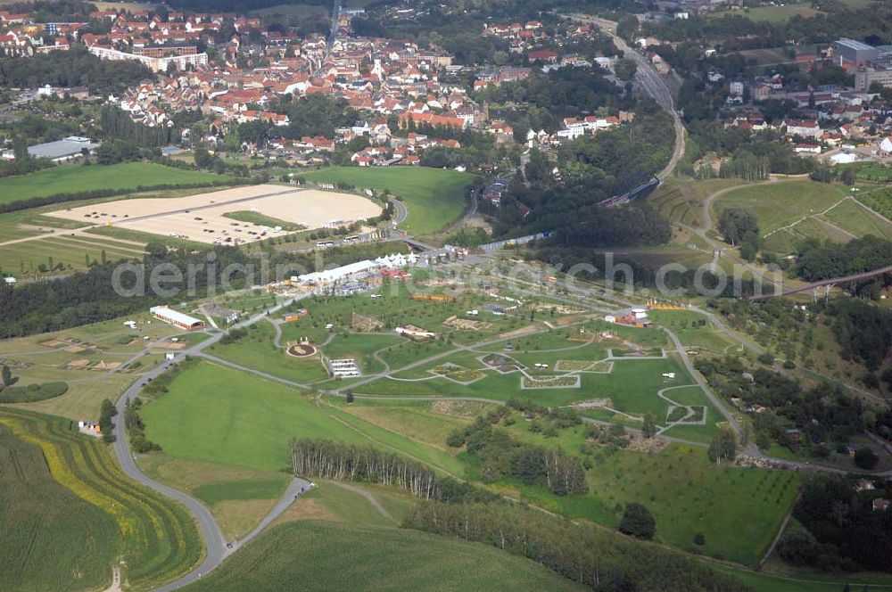 Aerial image Ronneburg - . Das 124 Hektar große Areal liegt am Rande des ehemaligen Uranerz-Abbaugebietes der Wismut. Am 27. April 2007 wurde in Ronneburg und in Gera die erste Bundesgartenschau eröffnet, die an zwei Standorten zugleich stattfindet. Sie wird noch bis zum 14. Oktober 2007 andauern.