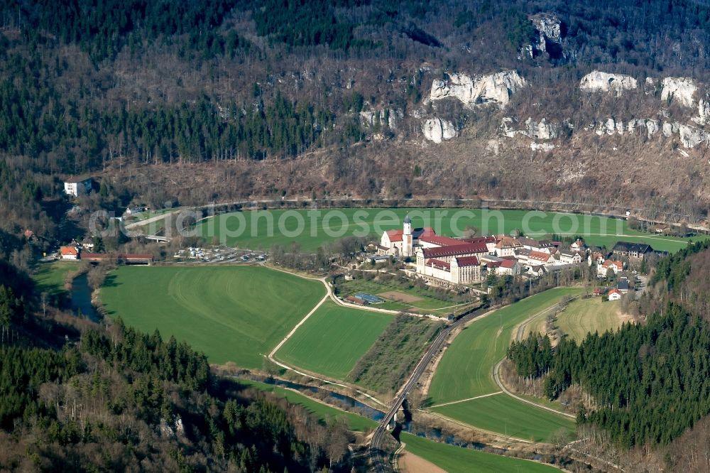 Aerial image Beuron - Groyne head of the Donau bei Beuron river course in Beuron in the state Baden-Wuerttemberg, Germany