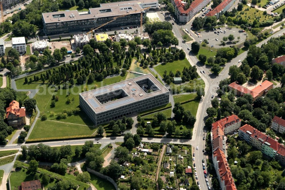 Erfurt from above - View of the Federal Labour Court in Erfurt in the state of Thuringia. The Federal Labor Court is located on the Petersberg at the Hugo-Preuß-Platz