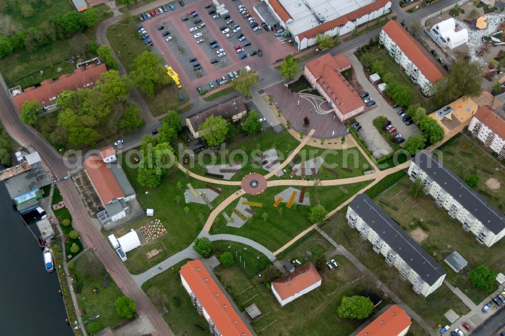 Premnitz from above - Site of the Federal Garden Show 2015 (BUGA) in the area of the vineyard with the Birmarckturm - tower in Rathenow in Brandenburg