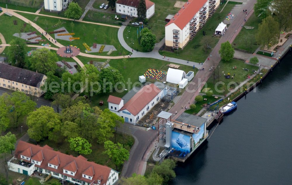 Premnitz from the bird's eye view: Site of the Federal Garden Show 2015 (BUGA) in the area of the vineyard with the Birmarckturm - tower in Rathenow in Brandenburg