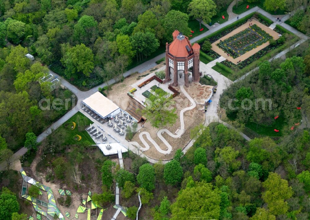 Rathenow from the bird's eye view: Site of the Federal Garden Show 2015 (BUGA) in the area of the vineyard with the Birmarckturm - tower in Rathenow in Brandenburg