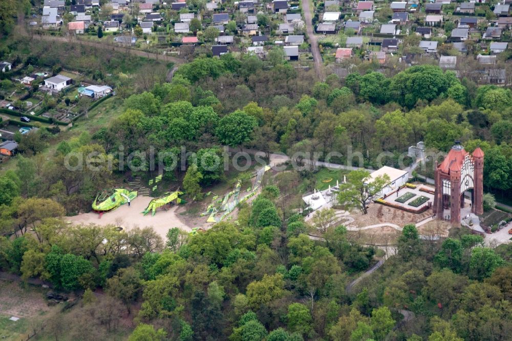 Rathenow from above - Site of the Federal Garden Show 2015 (BUGA) in the area of the vineyard with the Birmarckturm - tower in Rathenow in Brandenburg