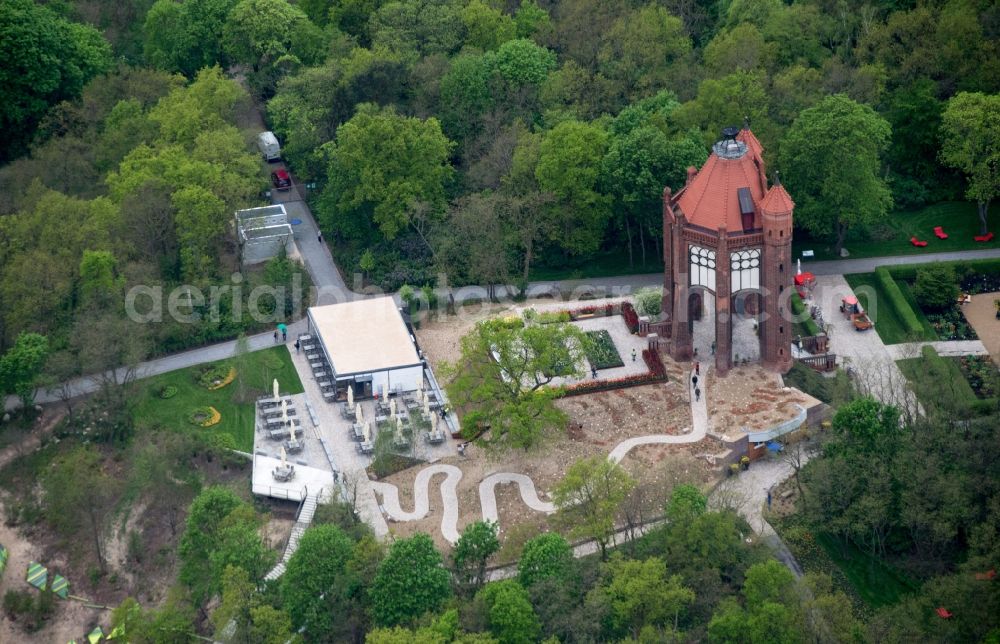 Rathenow from the bird's eye view: Site of the Federal Garden Show 2015 (BUGA) in the area of the vineyard with the Birmarckturm - tower in Rathenow in Brandenburg