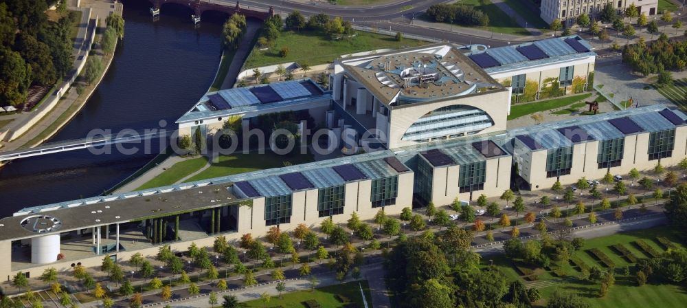 Berlin from the bird's eye view: View at the Federal Chancellery in the so-called government quarter in the district Mitte in Berlin. The Chancellor's Office is a supreme federal authority which supports the German Chancellor in his duties