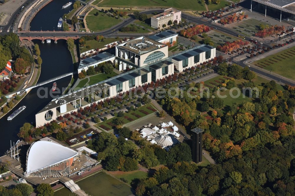 Berlin from above - Chancellor's Office in the government district on the banks of the River Spree in Berlin Tiergarten